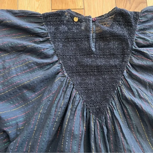 Antik Batik Womens Gelly Tee Dark Gray Lace Detail Rainbow Stripe Flowy Boho XS - Picture 7 of 9